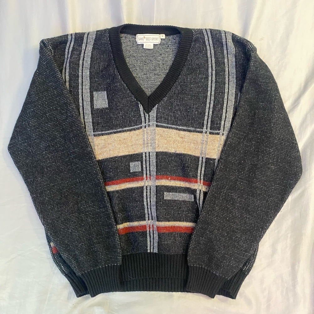 Vintage Color block Pull-over V-neck Sweater